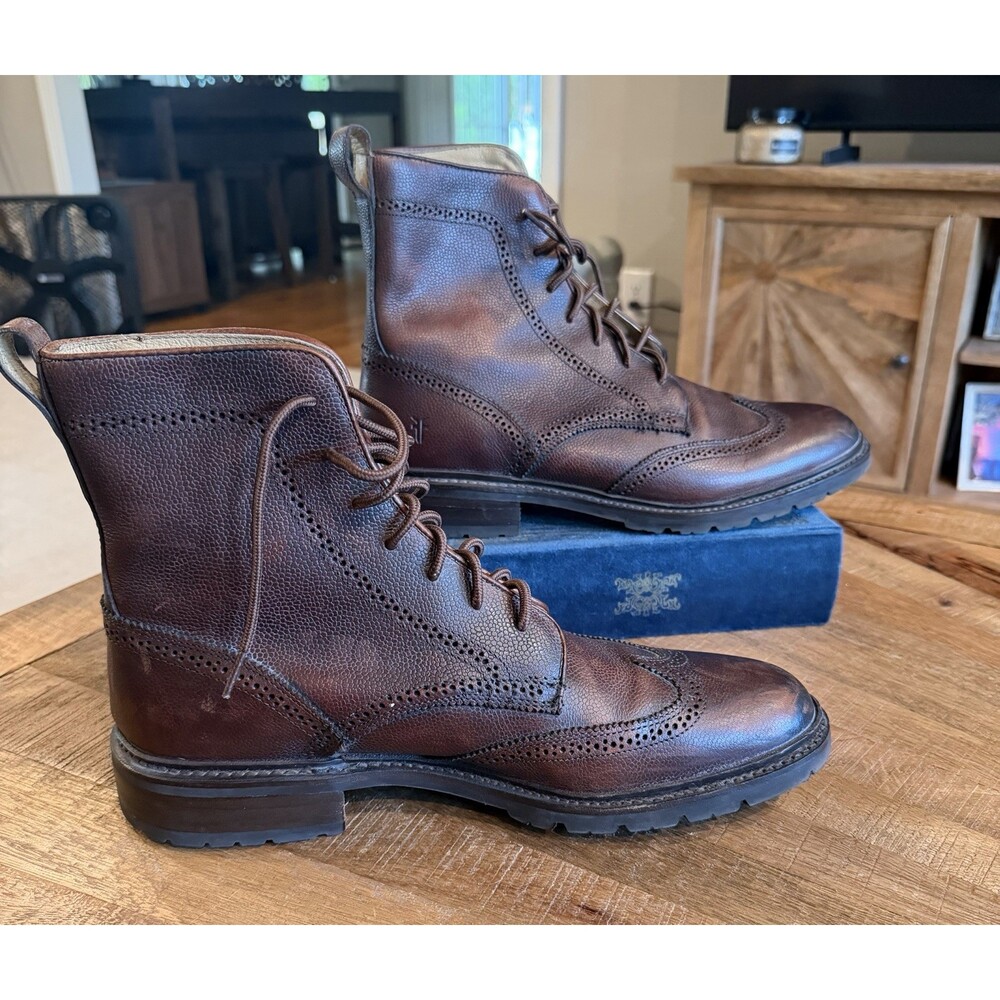 Frye James Lug Wingtip Boots Mens 11D Brown Pebbled Leather Lace Up - Picture 2 of 11